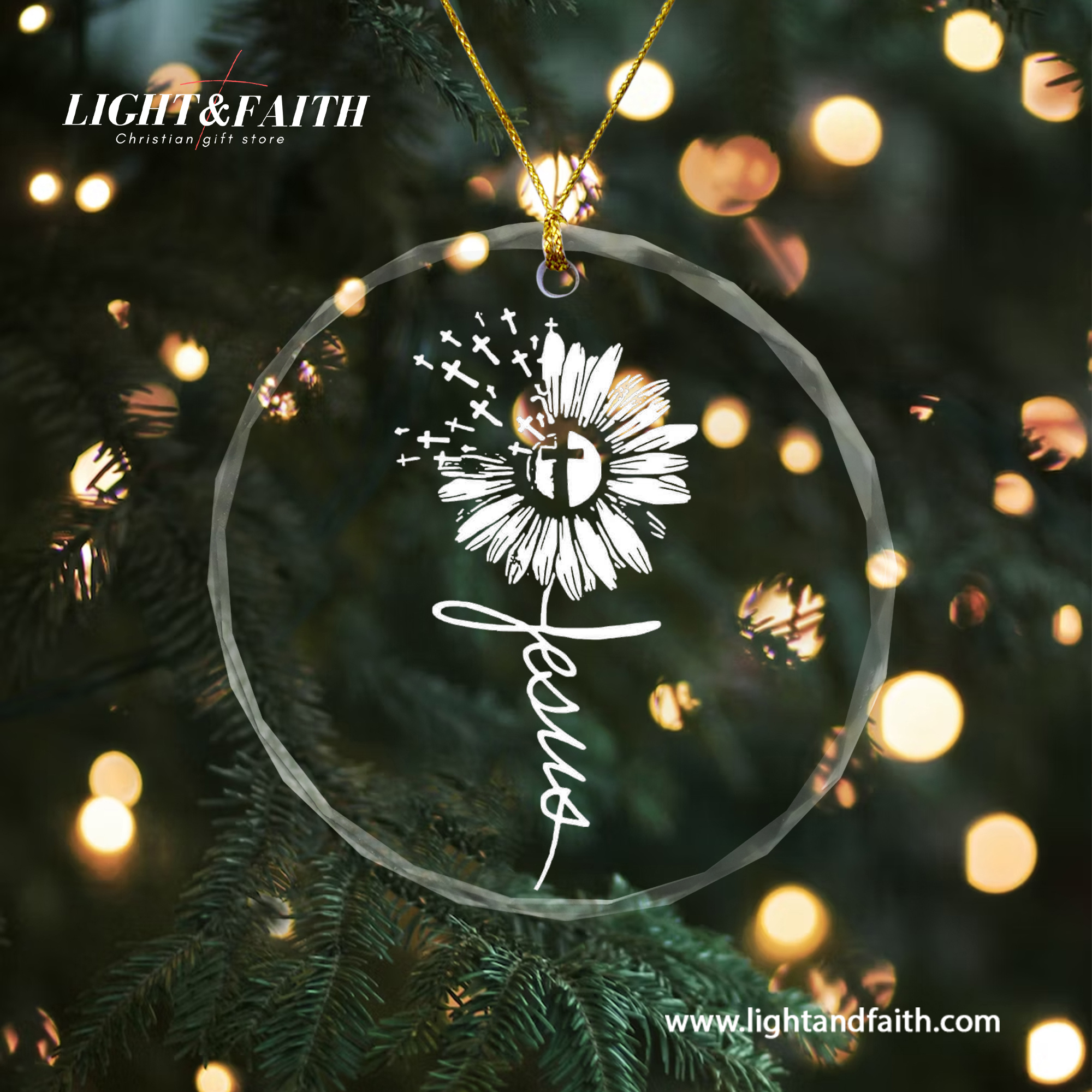 Jesus Sunflower Heart Ornament, Christian Faith Ornament, Religious Glass Decoration, Inspirational Gift for Her, Minimal Cross Christmas Decor DCLAF65